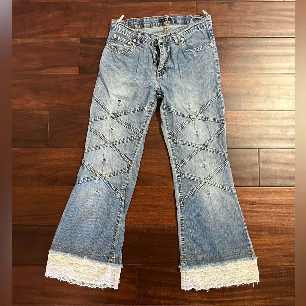 Low rise flare jeans with lace & chain detailing